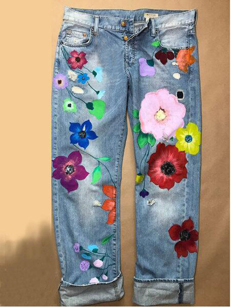 Ripped Fashion Non-stretch Women's Straight-leg Denim Trousers