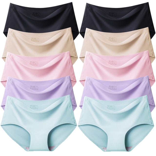 TrowBridge 10PCS/Set Women's Panties Solid Seamless Underwear Plus Size Comfortable Briefs Silk Satin Lingerie Health Underpants